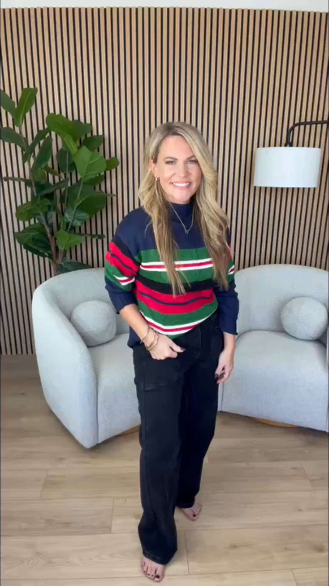 This sweater is my annual reminder that I do, in fact, own color. I’m usually in neutrals, but the navy, green, and red combination won me over, especially with simple black jeans.

Sizing:
Sweater: Medium
Jeans: Size 4

striped sweater, colorful fall sweater, black jeans outfit, fall outfit ideas, casual fall style, statement sweater, women’s fall fashion, black denim outfit, colorful sweater, AudrieDollins
