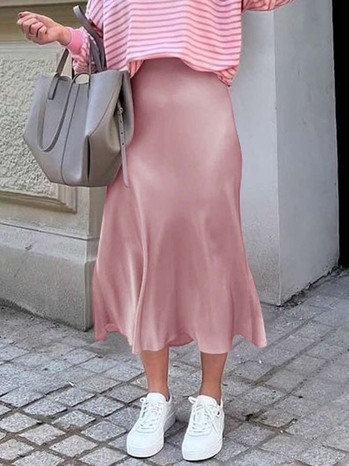 Apperloth A Elastic High Waist Satin Zipper Back Mermaid Hem Casual Comfort Skirt Silk Fabric Wit... | SHEIN