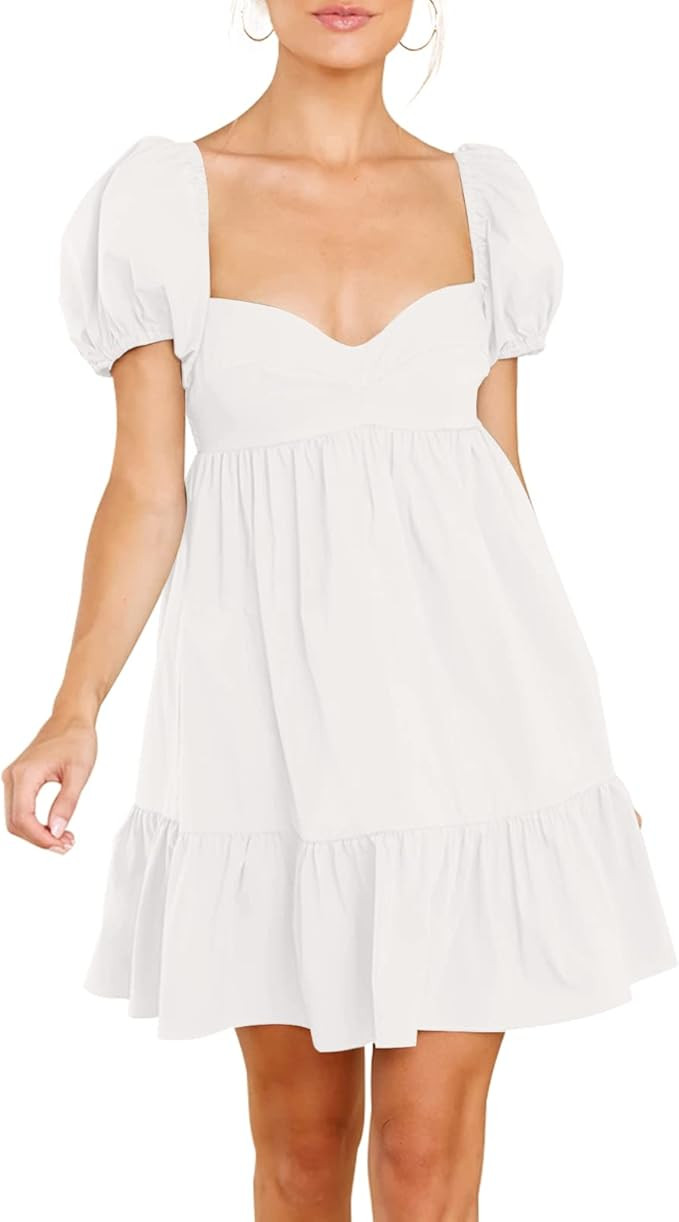 BELONGSCI Women's Summer Cute Dress Sweetheart Neckline Puff Sleeve Ruffle A-Line Casual Loose Fl... | Amazon (US)