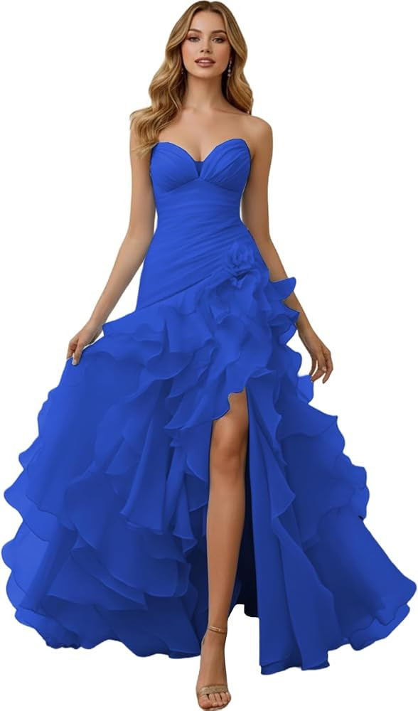 Strapless Tiered Tulle Prom Dress 2026 A-Line Long Ball Gown with Slit | Amazon (US)