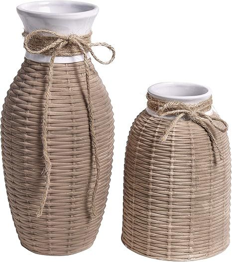 TERESA'S COLLECTIONS Ceramic Rustic Vase for Home Decor in Rattan Finish Brown and White Decorati... | Amazon (US)