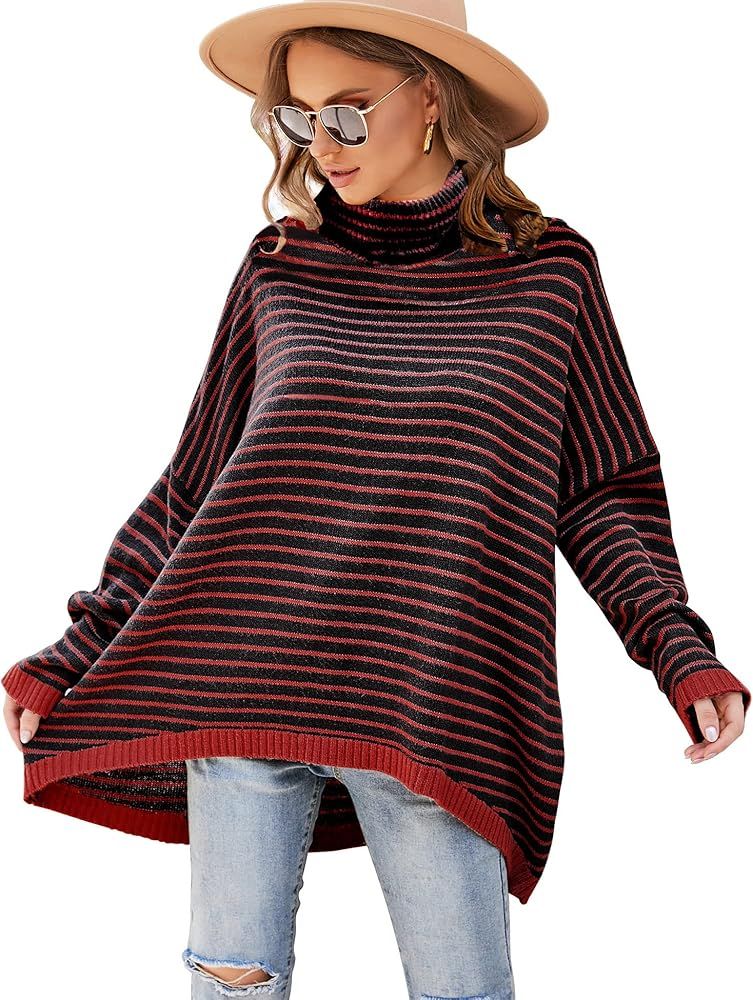 Fall Winter Turtleneck Sweater Oversized Tops for Women Long Batwing Sleeve 2021 Trending HI-LO Knit | Amazon (US)