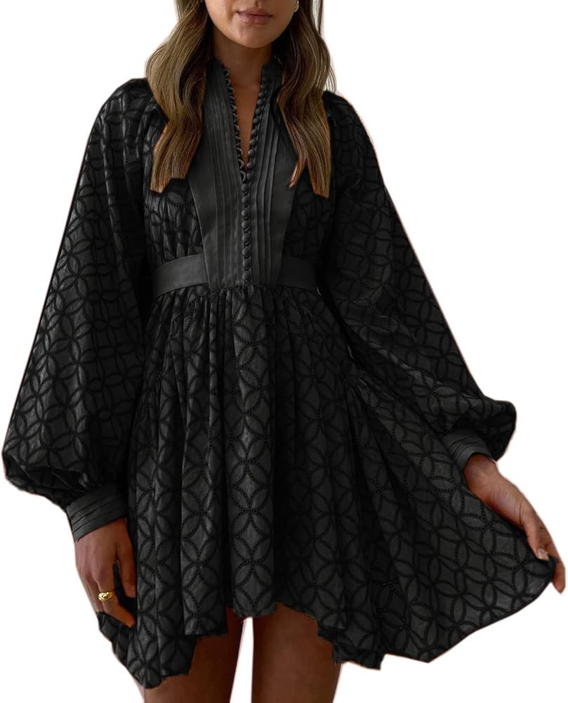 Roiii Women A-Line Lace Loose Baroque Button Down Long Sleeve Casual Dresses V Neck Embroidery Pa... | Amazon (US)