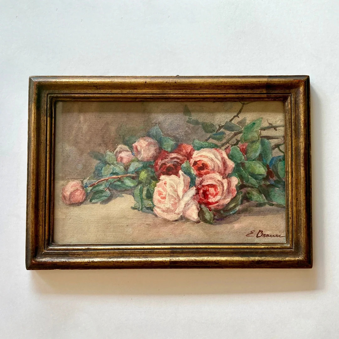 Vintage French Original Watercolor Signed by Artist, Framed Floral Still Life of Colorful Roses | Etsy (US)
