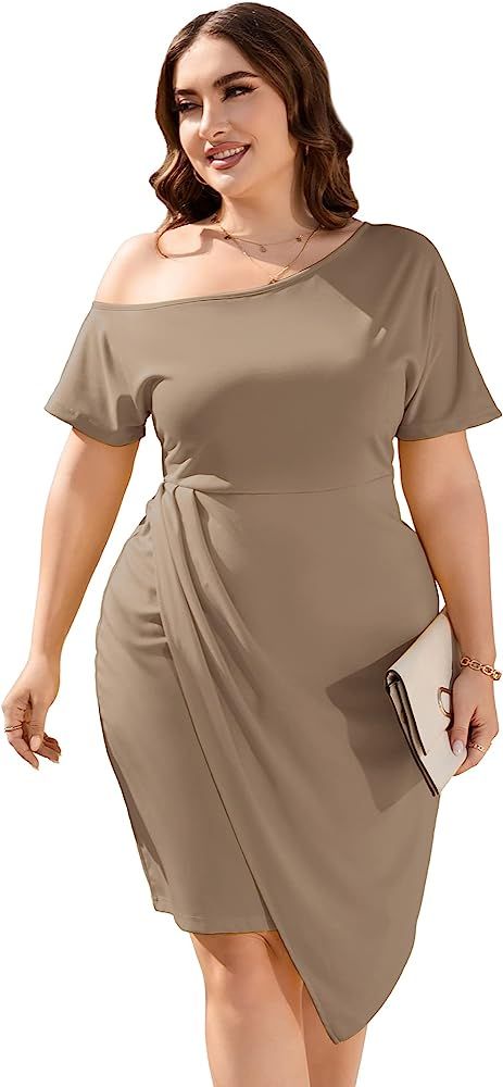 KOJOOIN Women Plus Size Off The Shoulder Ruched Bodycon Dress Short Sleeve Cocktail Party Midi Dr... | Amazon (US)