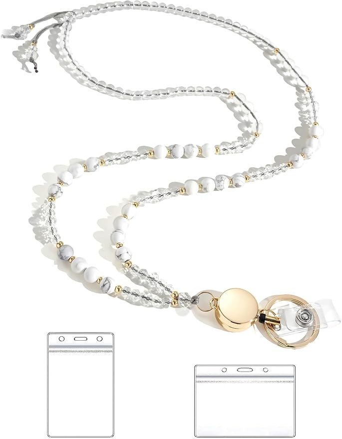 Lanyards for ID Badges and Keys,Natural Stone Beaded Teacher Lanyard for Women,Retractable Lanyar... | Amazon (US)