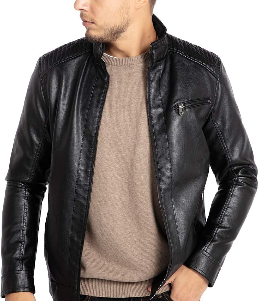 WULFUL Men's Stand Collar Leather Jacket Motorcycle Lightweight Faux Leather Outwear | Amazon (US)
