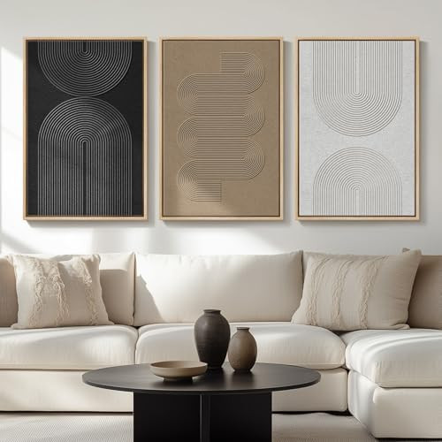 Large Framed Boho Modern Neutral Abstract Wall Art for Living Room, 3 Piece Black and White Canva... | Amazon (US)