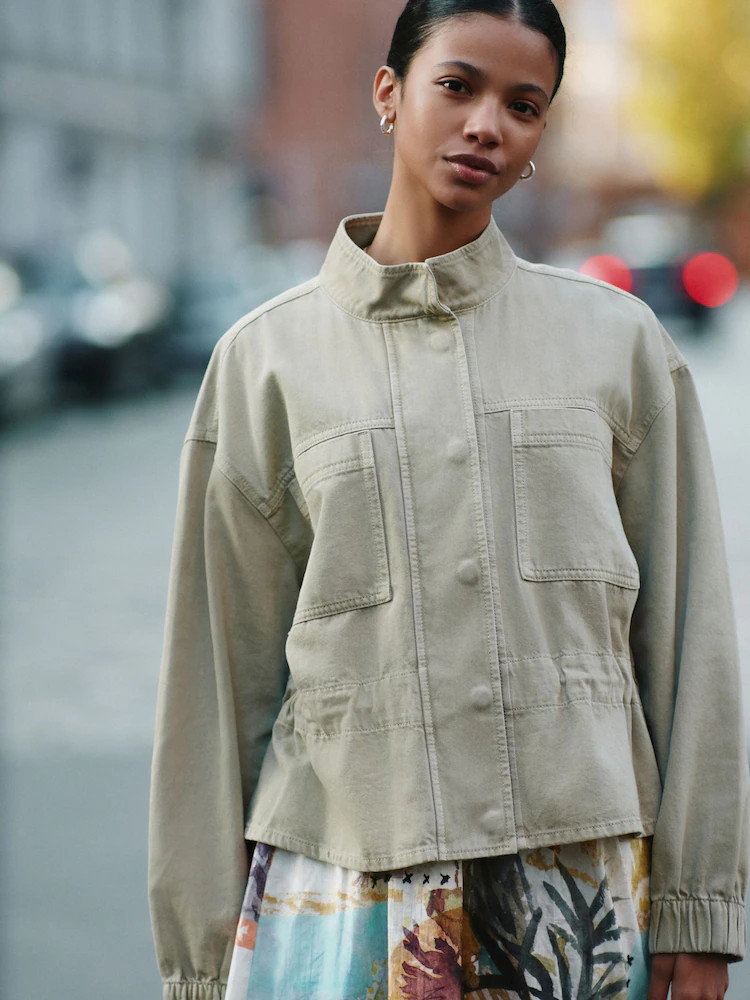 Khaki Green Denim Funnel Neck Zip Through Drawstring Jacket | Next US