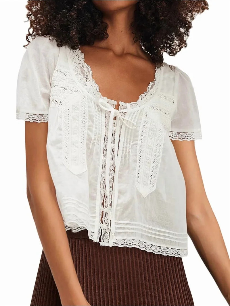 Women Tie Front Lace Trim Top Sheer Short Sleeve Scoop Neck Button Shirt Y2k Ruffle Flowy Boho Cr... | Walmart (US)