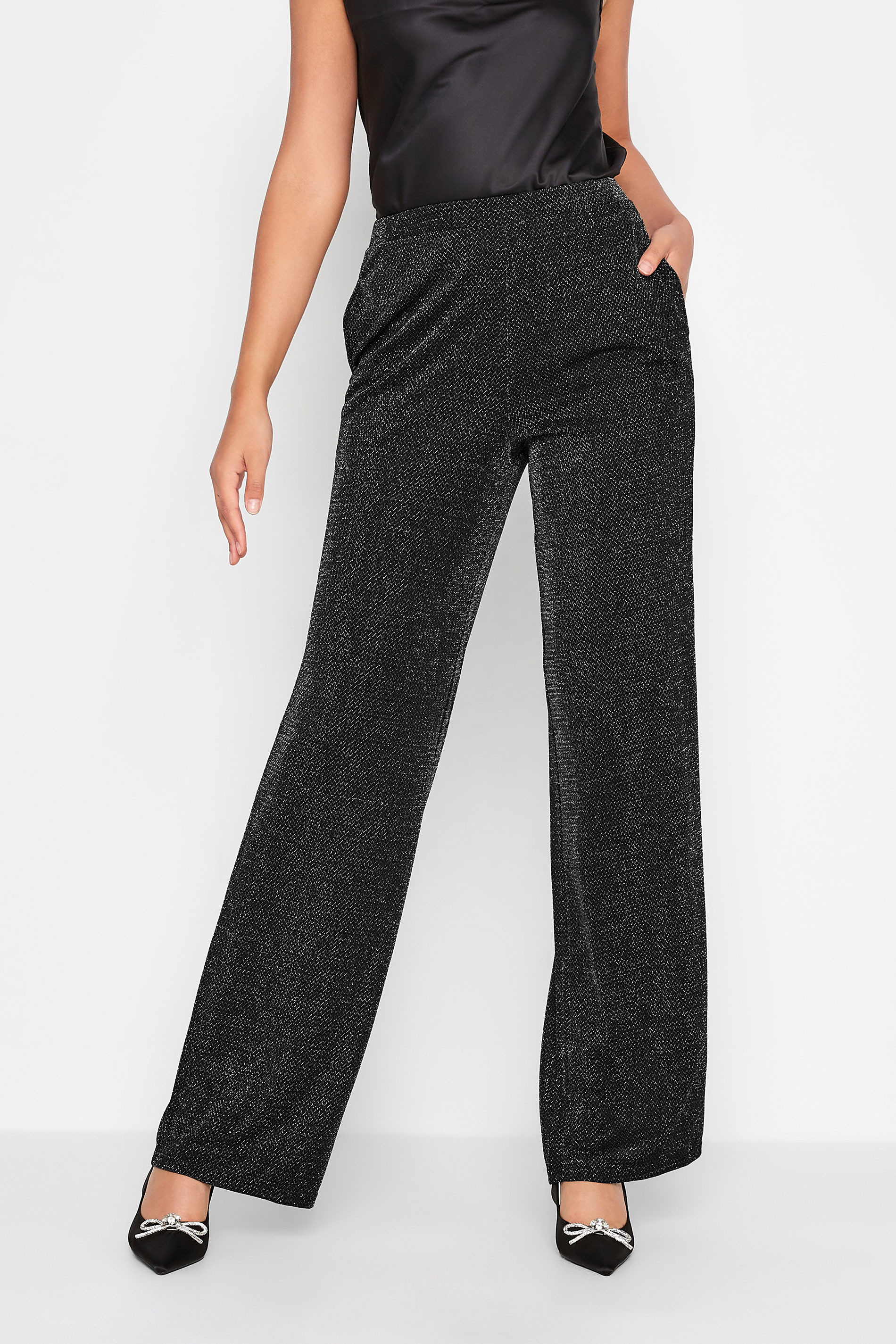 LTS Tall Black Glitter Stretch Wide Leg Trousers | Long Tall Sally