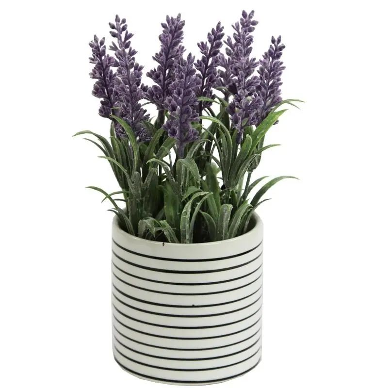 Artificial French Lavender Plant with striped Ceramic Pot - Purple (White - Ceramic - Round) | Bed Bath & Beyond