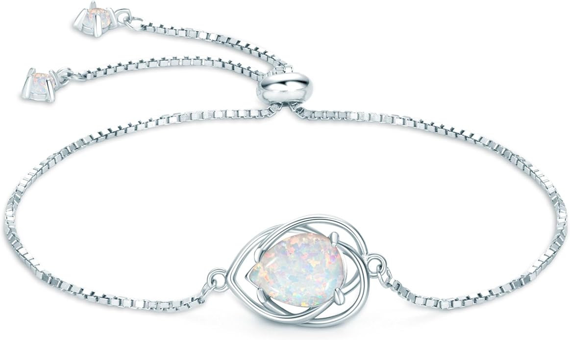 925 Sterling Silver Opal Bracelet, Adjustable Pear/Round/Oval Cut Opal Link Bracelet for Women, O... | Amazon (US)
