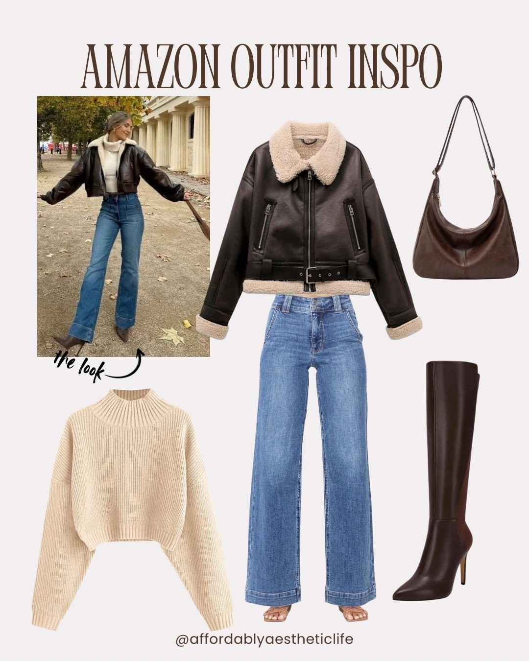 recreating this viral winter look with Amazon finds ☕️

Everything you need:
• Faux leather shearling jacket
• Oversized cream knit sweater
• Wide leg denim
• Brown knee-high boots
• Chocolate shoulder bag

Save this for your winter wardrobe refresh.

#LTKFindsUnder50 #LTKMidsize #LTKSeasonal