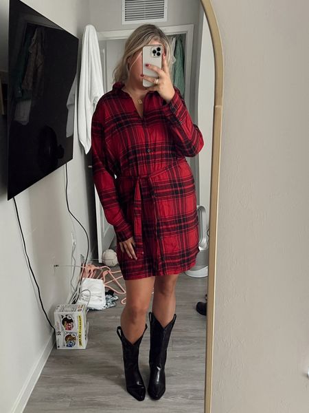 Casual red and black plaid shirt dress with cowboy boots for holiday look on sale from Abercrombie 

#LTKHoliday #LTKcurves #LTKsalealert