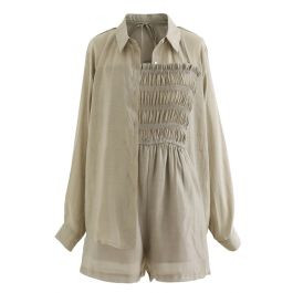 Shirring Tie Neck Playsuit and Shirt Set in Khaki | Chicwish