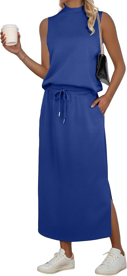 GRECERELLE Two Piece Skirt Sets for Women Sleeveless Mock Neck Top Split Maxi Skirt Vacation Trav... | Amazon (US)