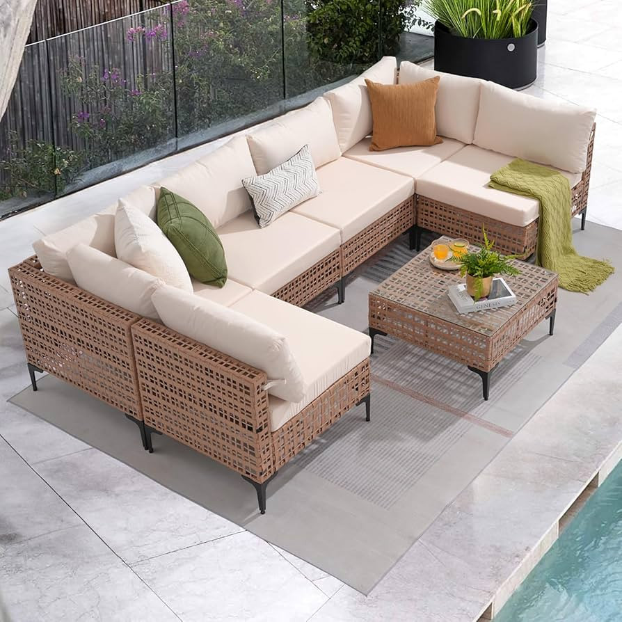 Patiorama 7 Piece Wicker Patio Furniture Set, Natural-Colored PE Rattan Outdoor Conversation Set ... | Amazon (US)