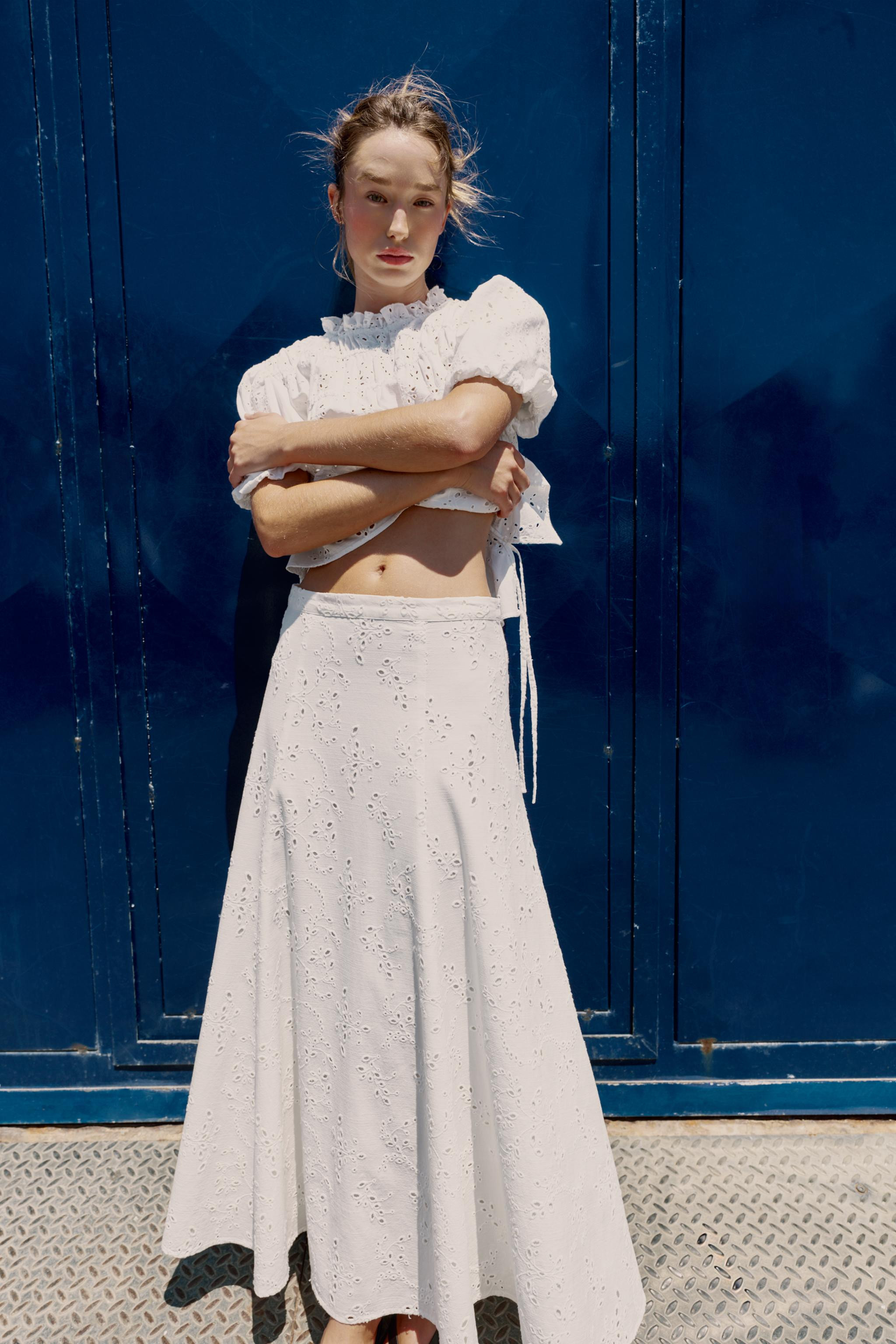 EMBROIDERED EYELET MIDI SKIRT | Zara US
