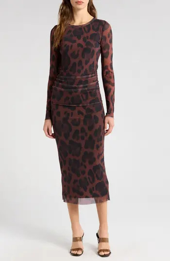 Socialite Ruched Long Sleeve Mesh Midi Dress | Nordstrom | Nordstrom