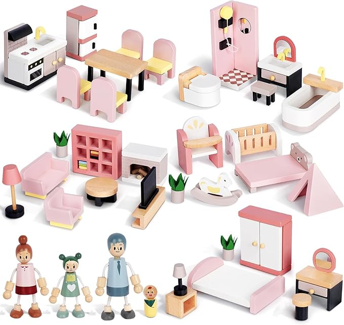 Wooden Dollhouse Furniture Set with 4 Family Dolls, 36 Pcs Sanlebi Doll House Accessories and Fur... | Amazon (US)