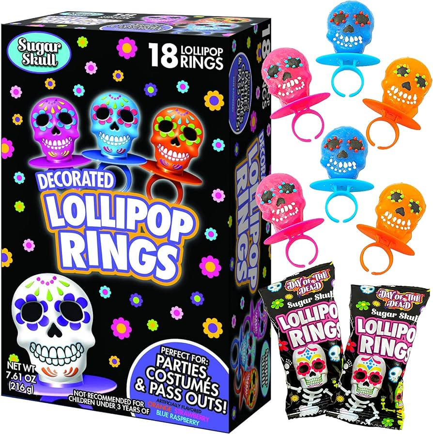 Halloween Day of the Dead Sugar Skull Lollipop Rings,7.61 ounce, Box of 18 | Amazon (US)