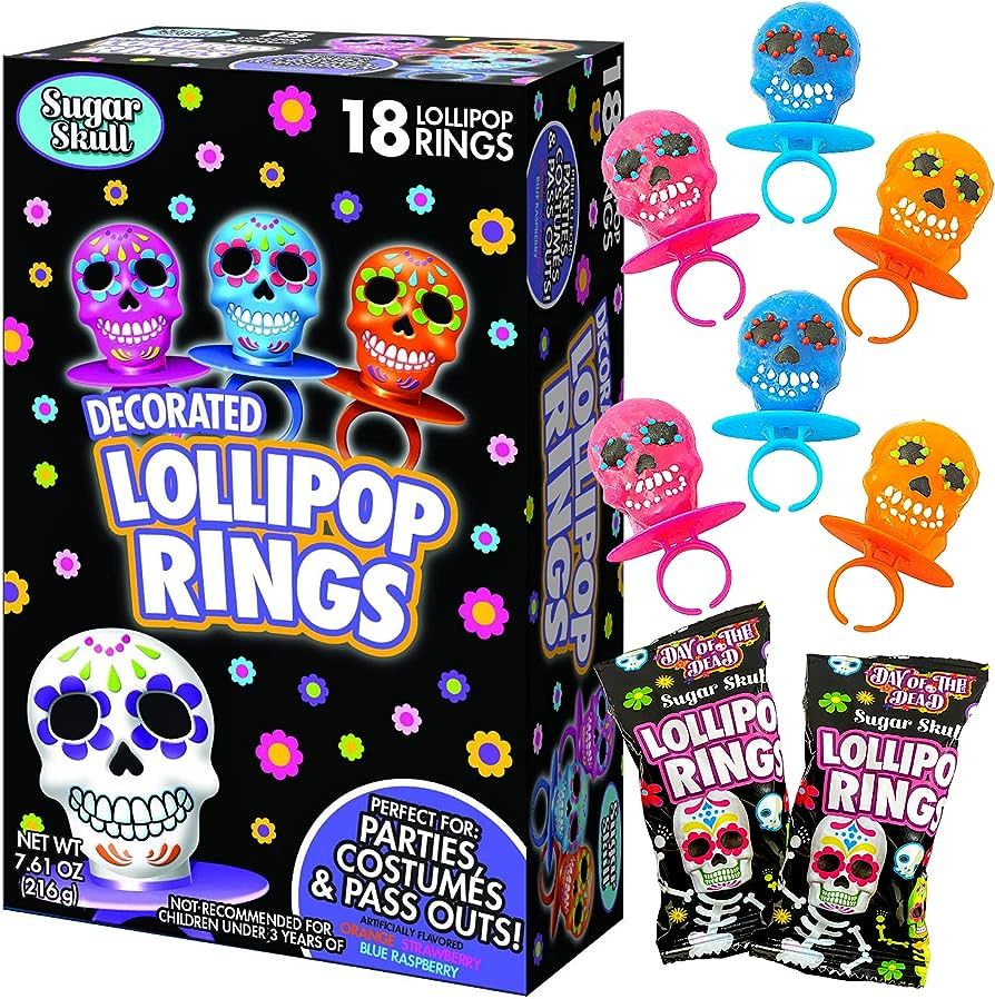 Halloween Day of the Dead Sugar Skull Lollipop Rings,7.61 ounce, Box of 18 | Amazon (US)