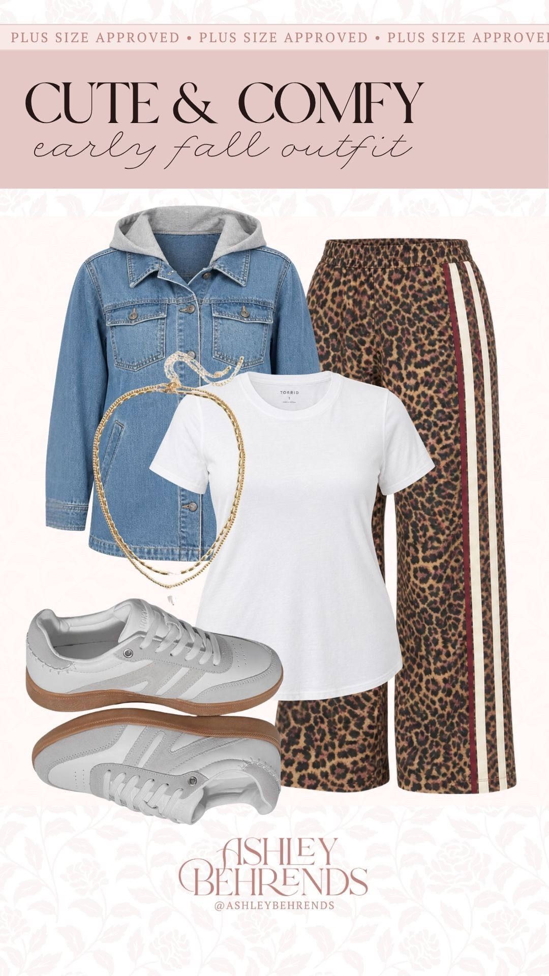 Another day, another leopard piece for fall. These @Torrid track pants are gorgeous! I love the pop of deep red on the side. These look so good with a basic white tee, this hooded denim jacket, a cute necklace and comfy sneakers. This outfit can be dressed up, or down, by simply changing the jacket and shoes. 
Casual early fall look, how to style leopard pants

#LTKSaleAlert #LTKPlusSize #LTKSeasonal