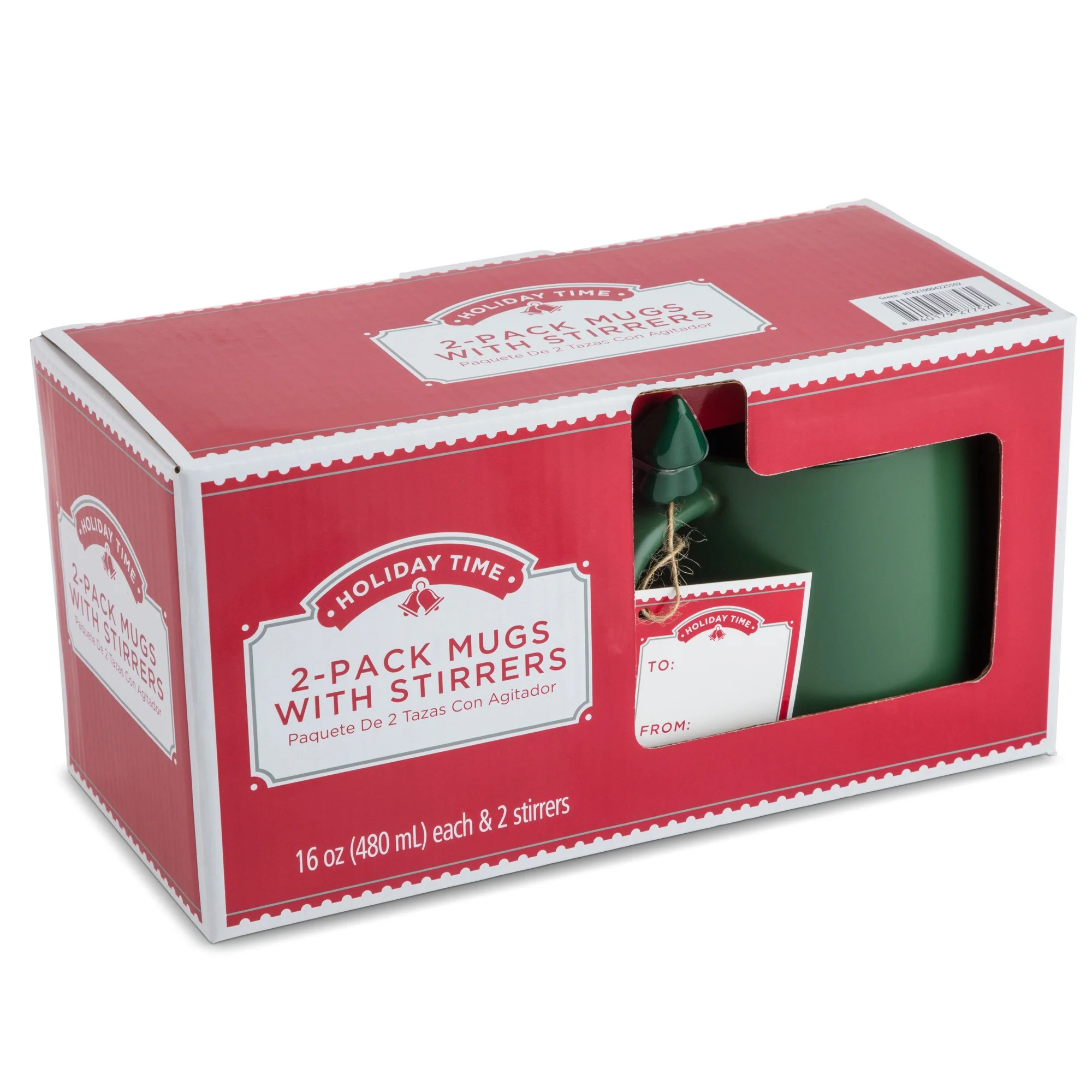 Holiday Time Two Pack Ceramic Coffee Mugs with Stirrer, 16 fl oz, Green - Walmart.com | Walmart (US)