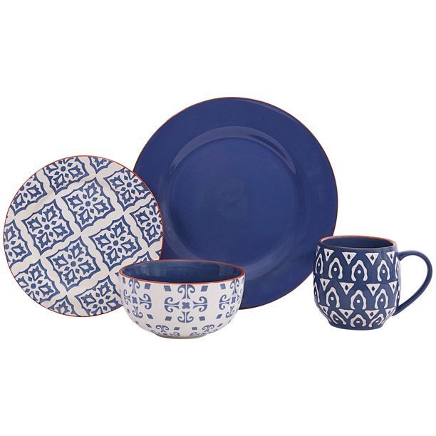 Izmir 16 Piece Stoneware Dinnerware Set, Blue - Walmart.com | Walmart (US)