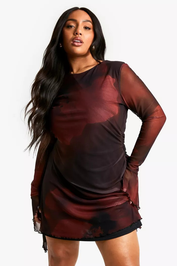 Plus Blurred Floral Flared Sleeve Shift Dress | Boohoo.com (UK & IE)