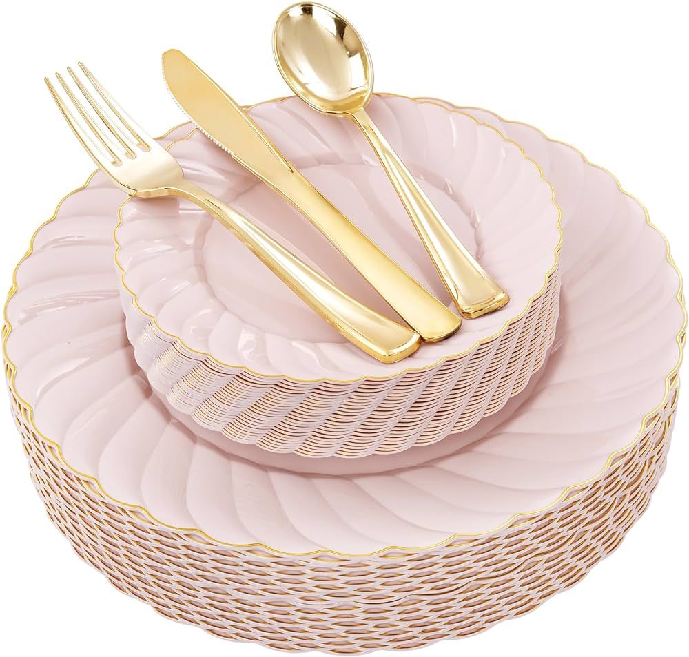 YOUBET 125Pieces Pink Plastic Plates with Gold Rim-Gold Plastic Silverware Include 25 Dinner Plat... | Amazon (US)