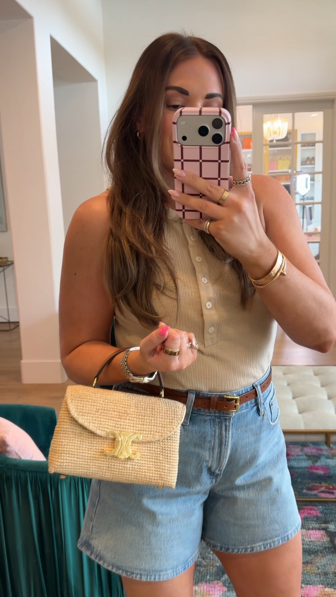 curvy midsize spring outfit! wearing size large in henley tank and 30 in denim shorts. my bag is raffia Celine and from Nordstrom! 

#LTKSeasonal #LTKMidsize