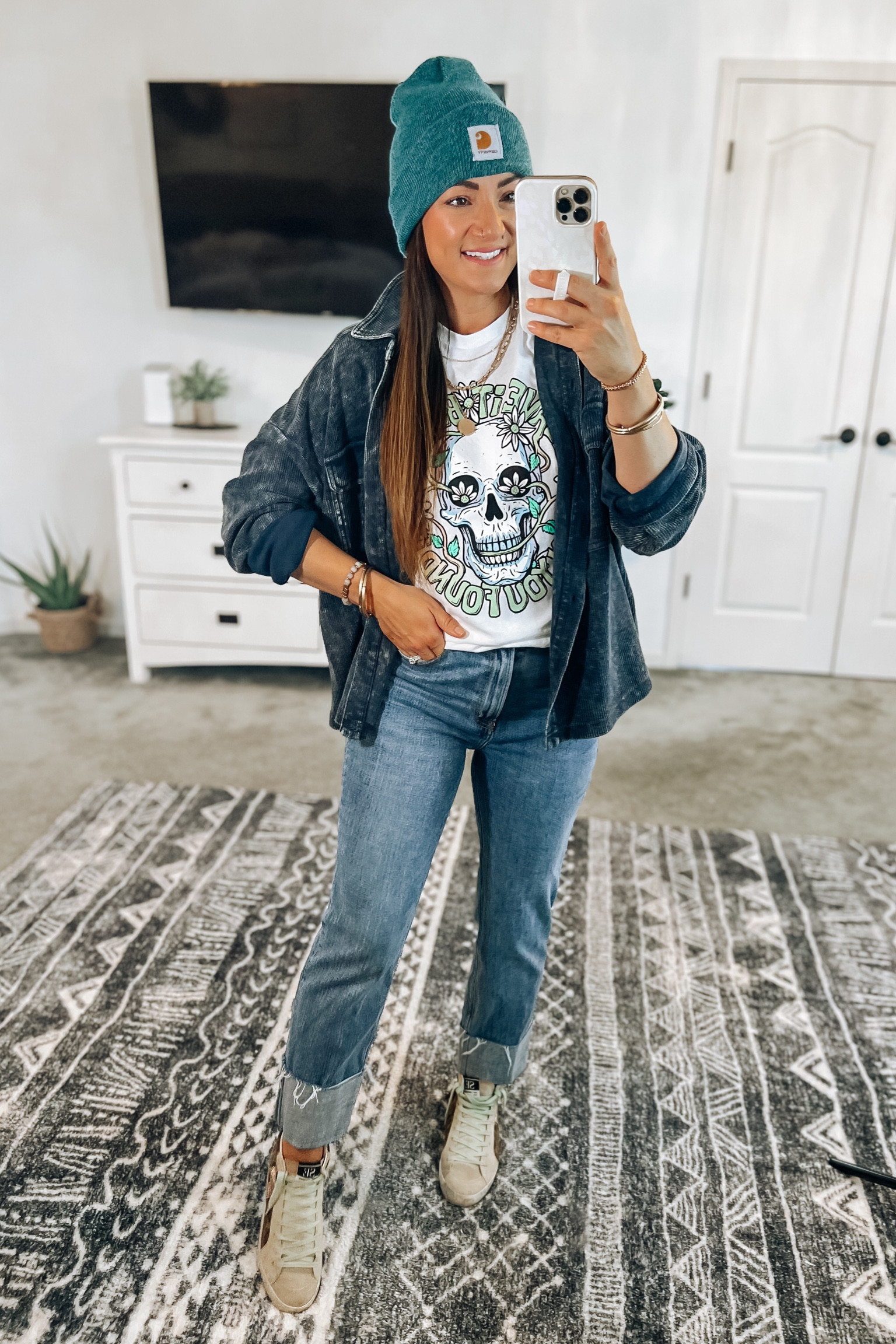 Spooky season Halloween outfit 💀 This graphic tee is under $7 from the men’s department and will be something I grab again in the spring! In the xs. Abercrombie jeans tts and the best quality 👌 Walmart shacket under $30 and super cute. 4 color options and I sized up 2 to the large. 

#LTKSeasonal #LTKHalloween #LTKstyletip