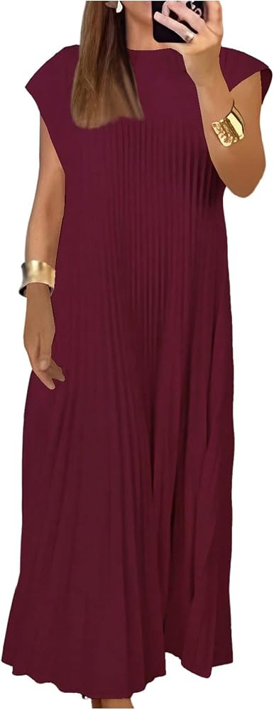 GORGLITTER Women's Pleated Maxi Dresses Church Casual Wedding Guest Outfits | Amazon (US)