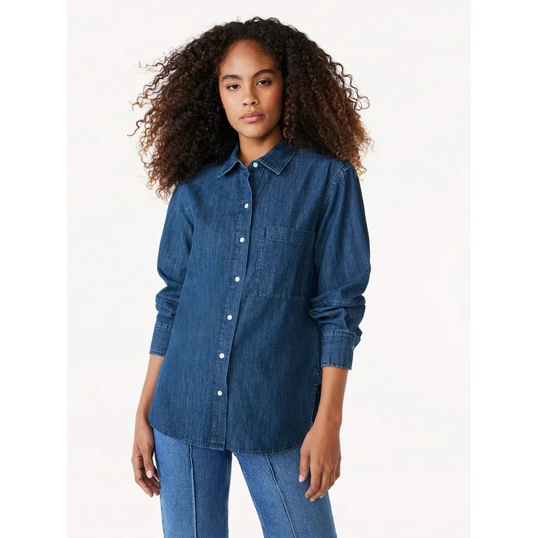 Free Assembly Women's Boxy Tunic Denim Shirt with Long Sleeves, Sizes XS-XXL | Walmart (US)