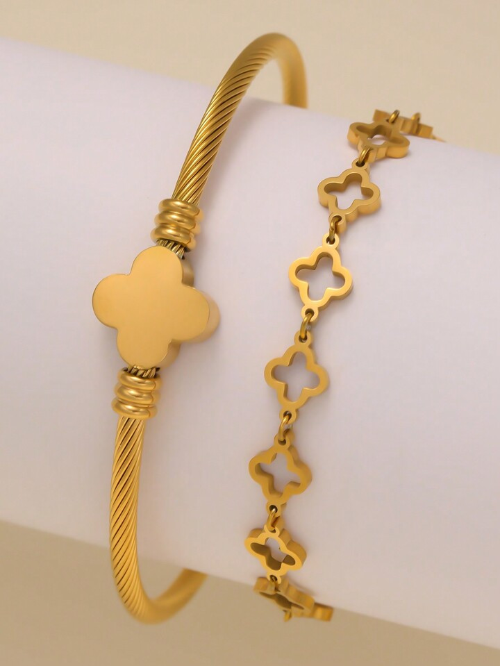 2pcs/Set Fashionable Luxury Elegant Floral Bracelet & Bangle 2-In-1 Flower Style Stainless Steel Women Bracelet Set, Suitable For Various Occasions And As Gifts Valentines,Mom,Mother,Mother's Day,Gift | SHEIN