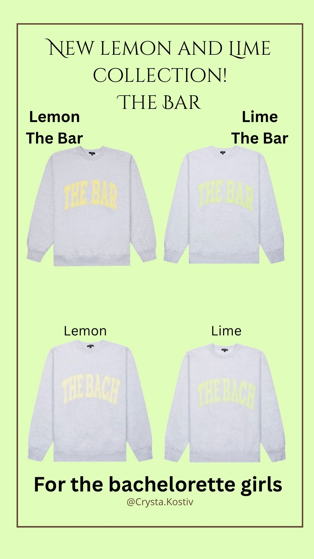 The Bar just had some new colors drop in their varsity sweatshirts! The lemon and lime collection just entered the chat! 🍋🍋‍🟩 and they made some that say “The Bach” for you girlies that have a bachelorette party coming up!
Grab yours before they are gone!

#LTKStyleTip #LTKTravel #LTKFindsUnder100
