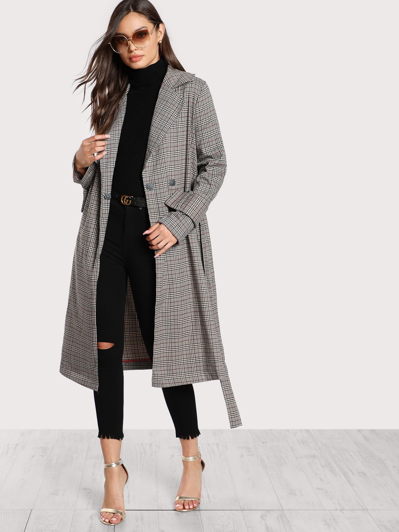 Belted Cuff And Waist Plaid Coat | SHEIN
