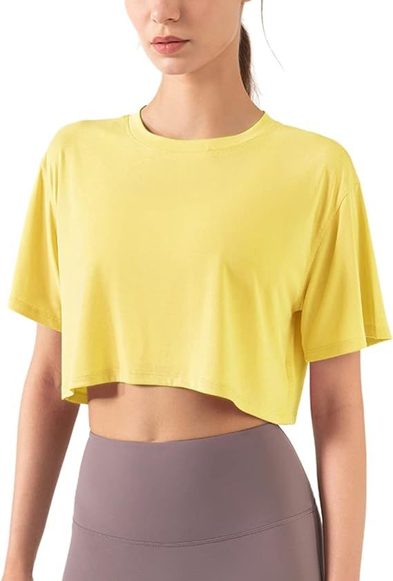 Women's Fitness Workout Crop Tops Short Sleeve Yoga T-Shirts Athletic Running Sports Shirts | Amazon (US)