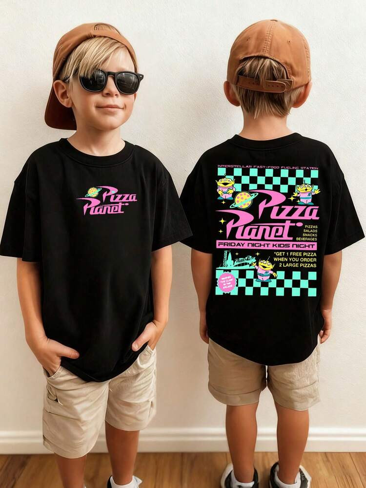 Disney Casual Pizza Planet Kids' Tee – Versatile Black Short Sleeve Top With Double-Sided Print For Mix-And-Match Outfits | SHEIN