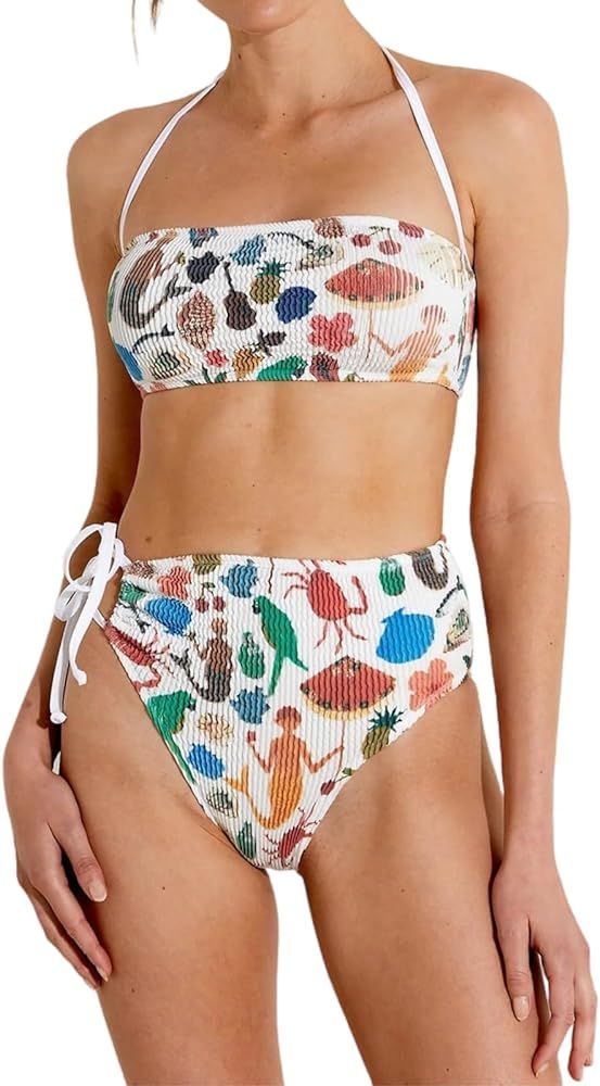 ASHER FASHION Bikini Set for Women Two Piece Swimsuits Island Printed Crinkle Bandeau High-Waiste... | Amazon (US)