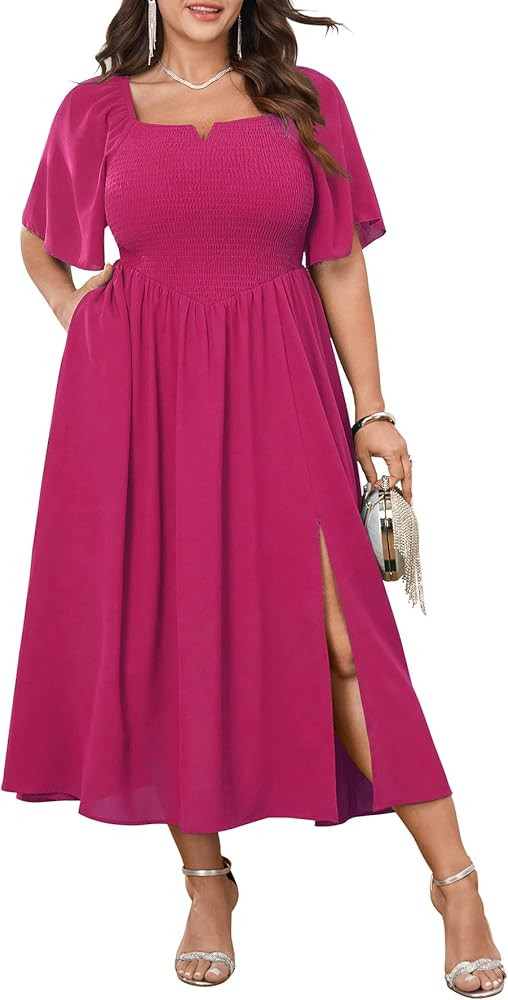 SHESTARR Plus Size Maxi Dress for Women Short Sleeve Elegant Square Neck Smocked A Line Pockets S... | Amazon (US)