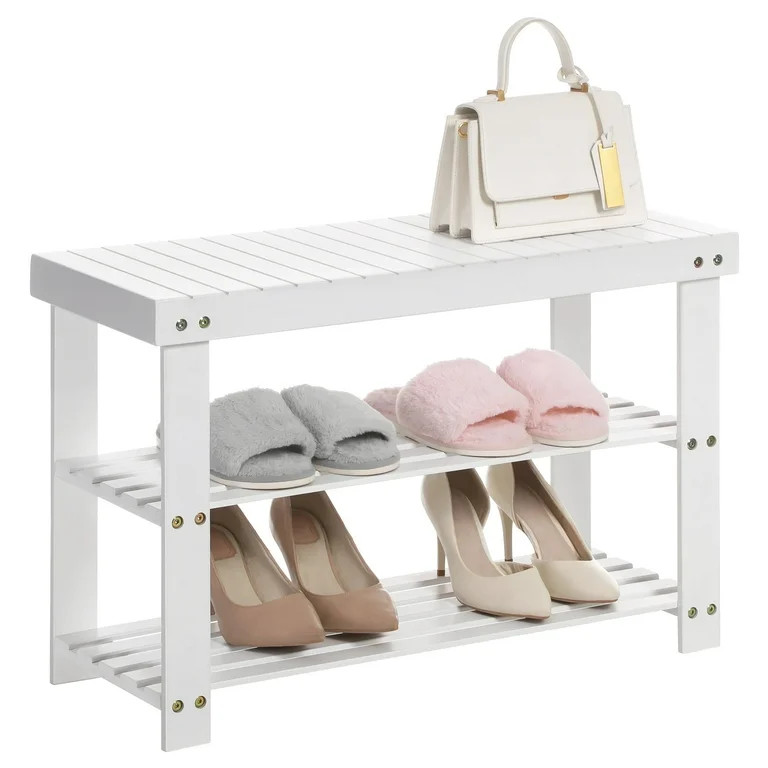 3-Tier Shoe Rack Bench, Hallway Bamboo Organizer, Home Storage Shelf with Holds 286 lb, White | Walmart (US)