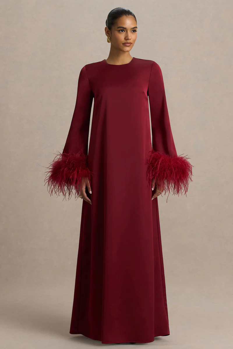 Adella  Burgundy Satin Feather-Trim Maxi Dress | Club L London