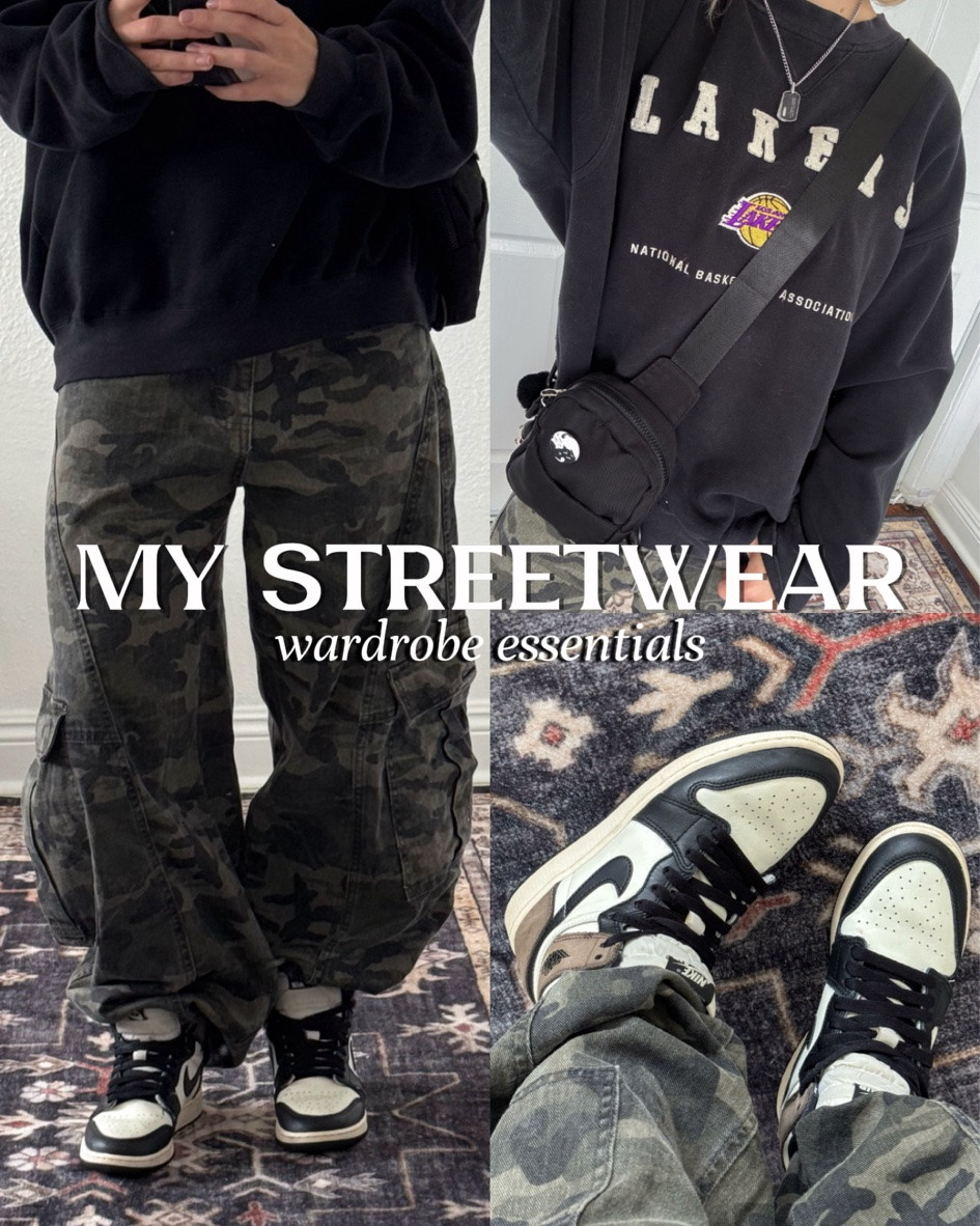 here are just a few of my wardrobe essentials as a streetwear girl! 🖤 crewneck sweatshirts are a must. i most commonly go for sports sweatshirts, pop culture sweatshirts, or streetwear brands like nike.  next would be the shoesss. this can make or break your fit! i always go for a good platform or a known streetwear brand like nike or adidas.  another must is my camo cargo pants! baggy pants always make a good streetwear fit & these are just so perfect.  #wardrobeessentials #capsulewardrobe  #streetwearessentials

#LTKootd