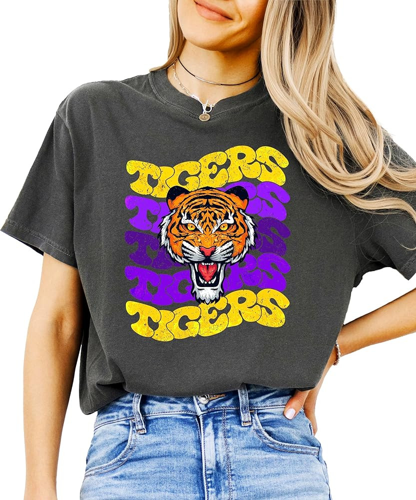 Trendy Tigers Wavy Shirt for Women and Teens Purple & Yellow Sports Tee | Amazon (US)