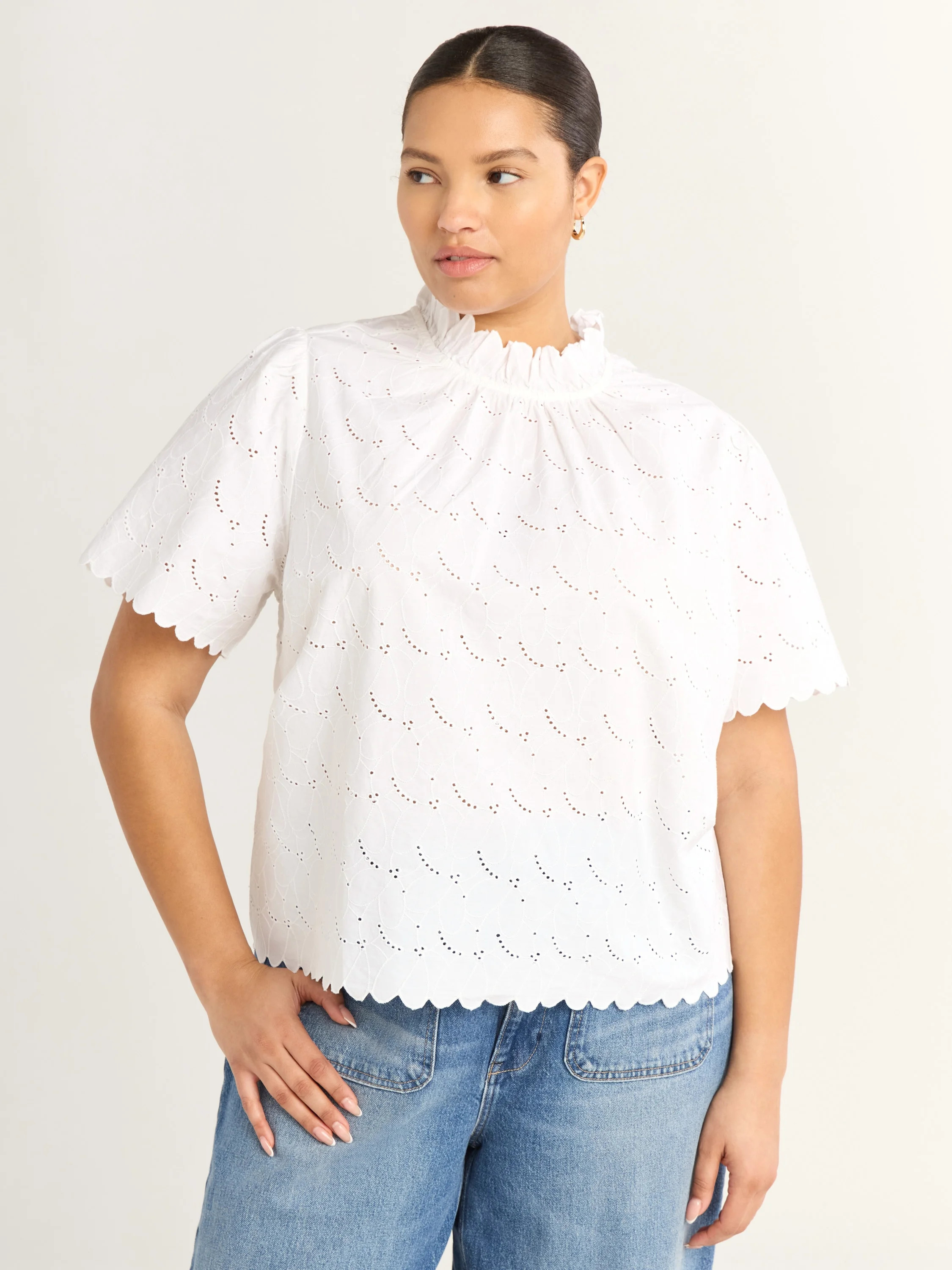 Free Assembly Women's Ruffle Cotton Eyelet Top with Short Sleeves, Sizes XS-4X | Walmart (US)