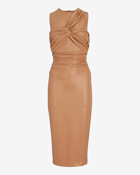 Body Contour Faux Leather Twist Front Midi Dress With Built-In Shapewear | Express
