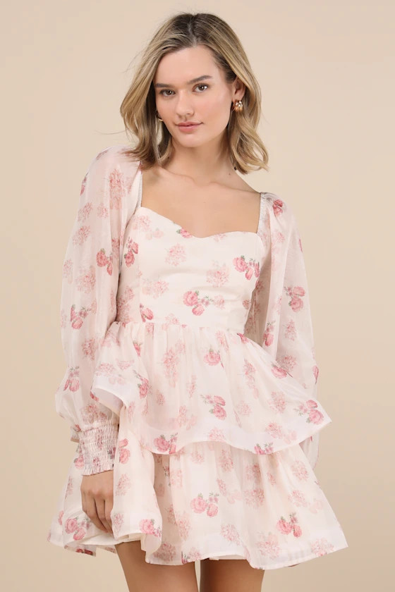 Exemplary Darling Blush Pink Floral Organza Tiered Mini Dress | Lulus